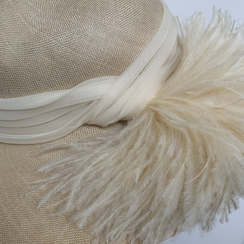 Vintage straw sun hat with natural fur feather and ribbon