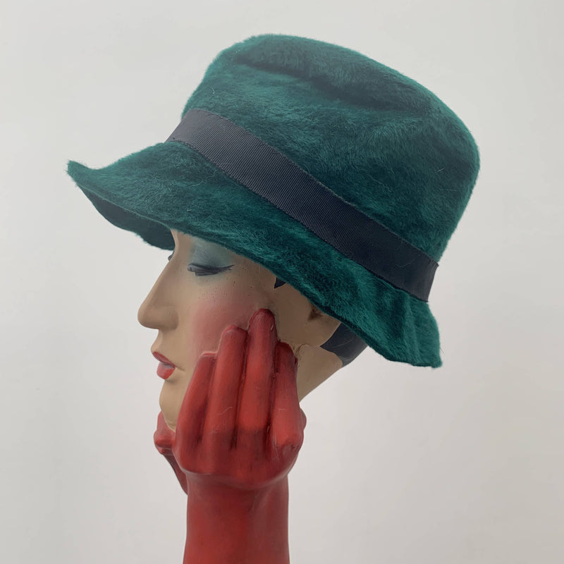 Vintage green rabbit fur cloche hat with black ribbon
