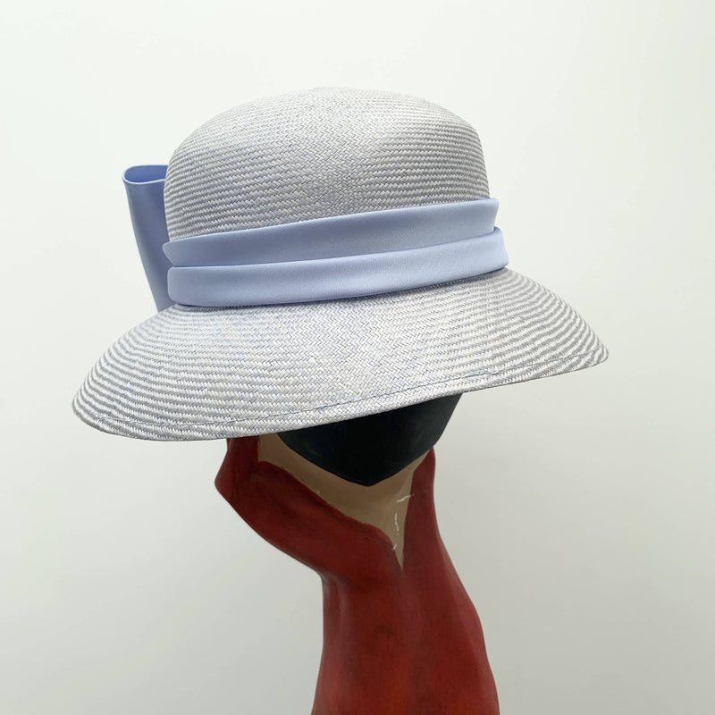 Vintage Bermona Trend Designer Blue Straw Cloche Hat with Silk