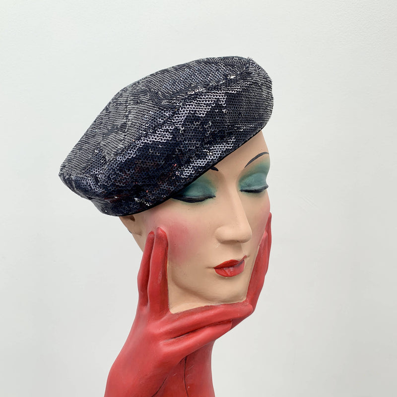 Vintage black sequinned beret hat by Stephen Jones (Miss Jones) made in England