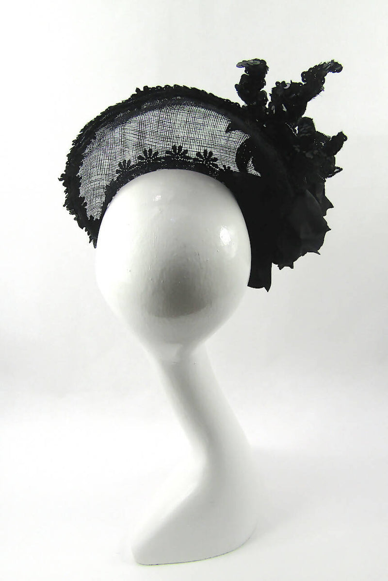Black Sinamay Flower & Lace Headband