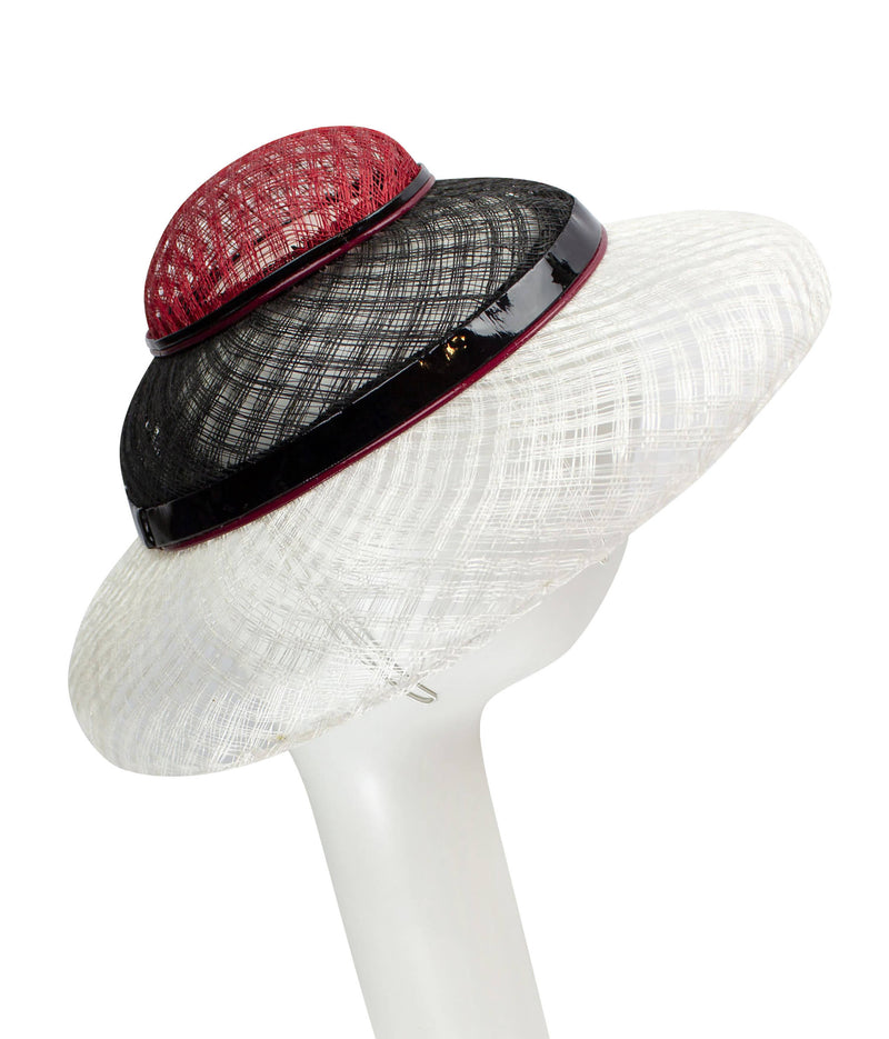 "Ariel" Sinamay Windowpane Triple Layer Hat in Black, White and Red