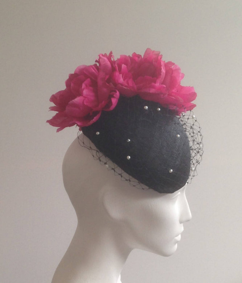 Catherine - Black Veiled Beret with pink Flowers