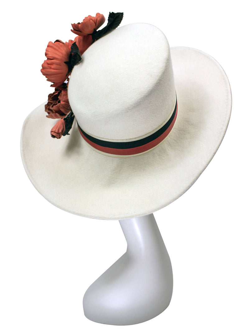 Winter White Felt Hat with Sculpted Brim and Leather Flowers