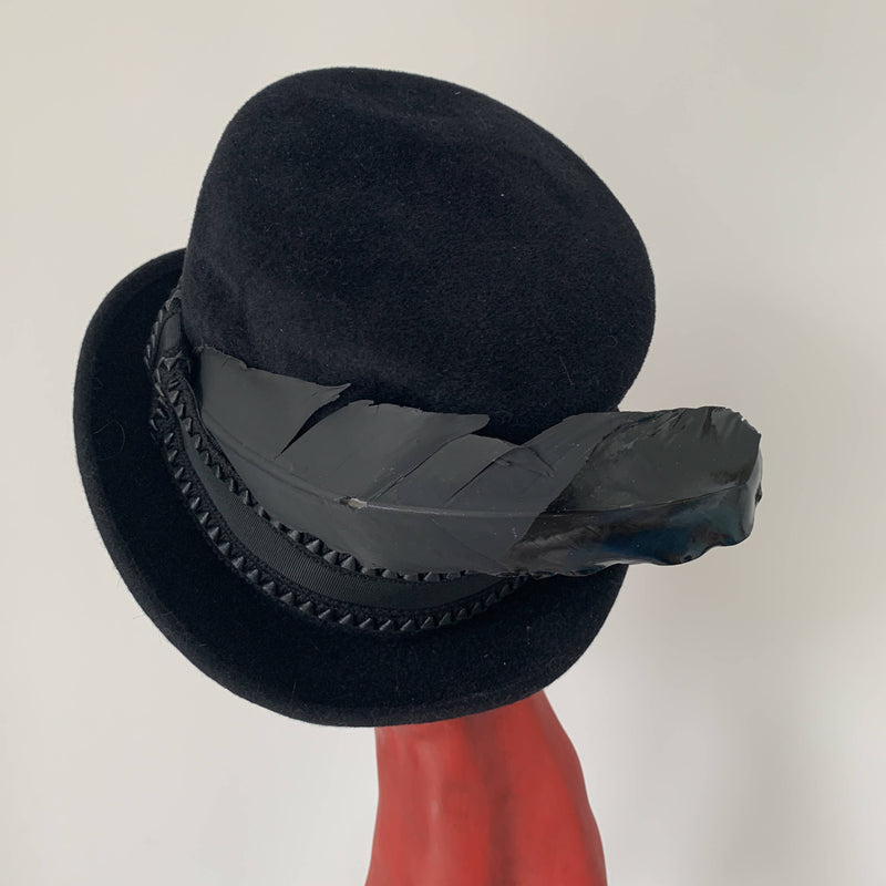 Vintage black felt top hat with feather by Stephen Jones made in England