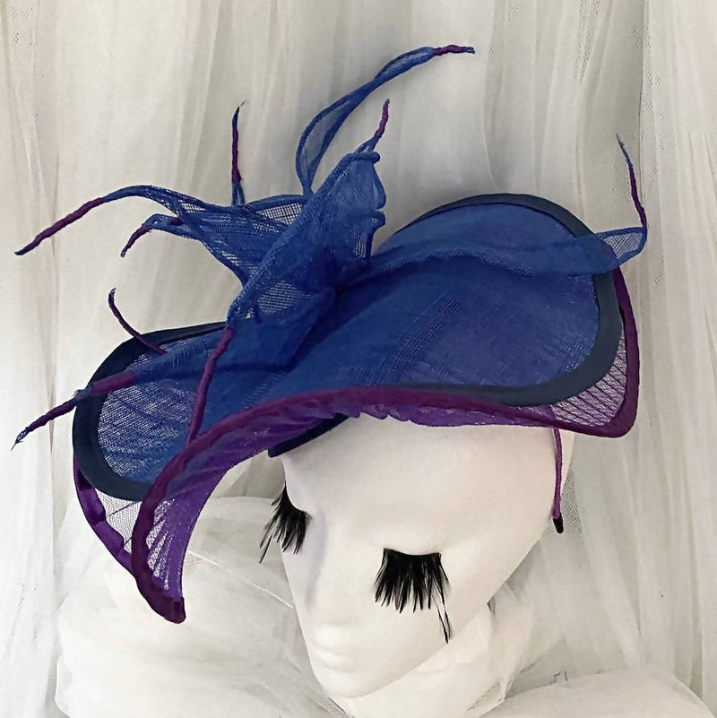 Fanciful bright blue + purple fascinator with flattering sweeping brim, special occasion statement hat: race day, Easter, Fashion "Blue Flame Lily Gal"
