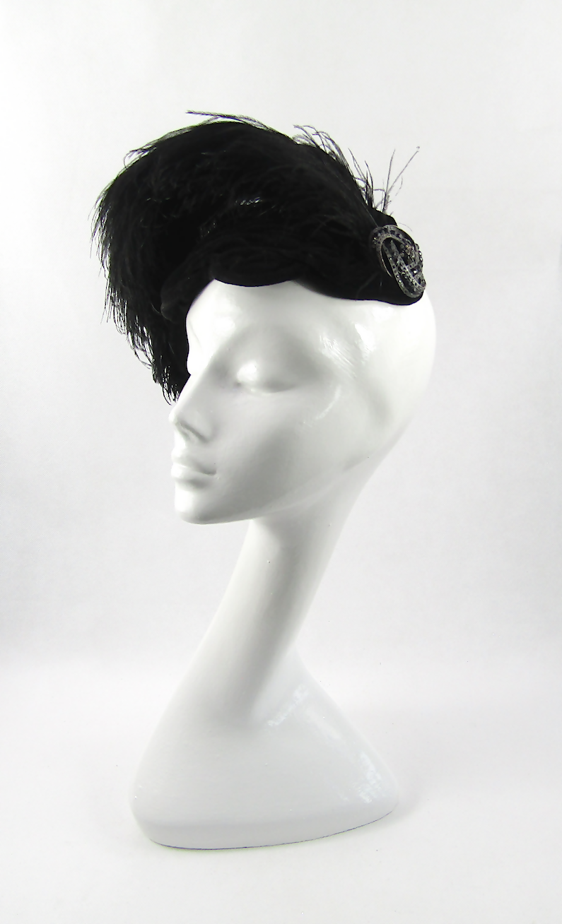 Vintage Black Velvet Skull Cap Shaped Feather Hat
