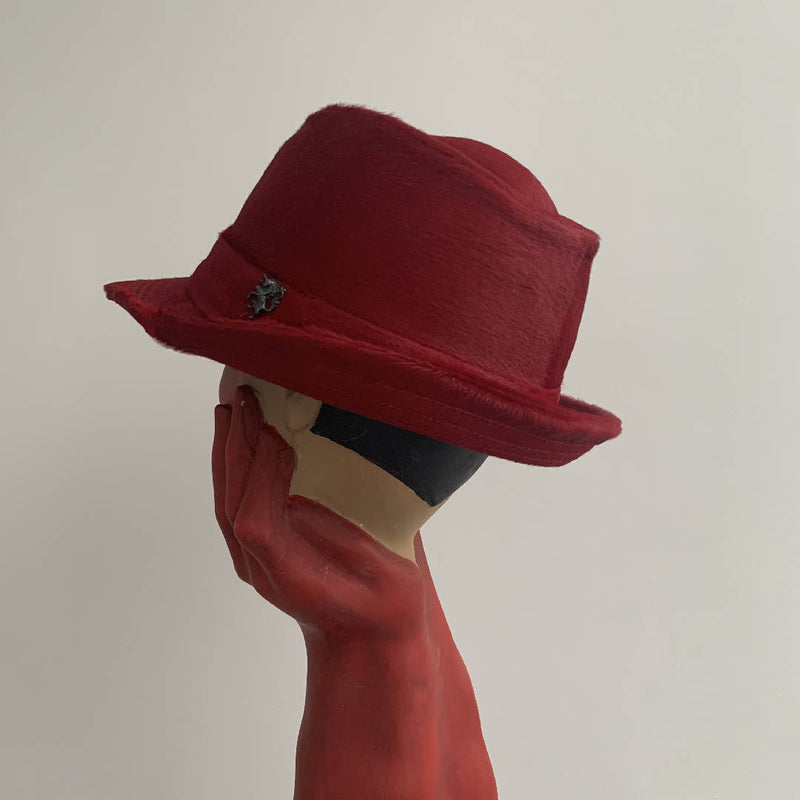 Brand New made in London limited edition by Phillip Treacy red pony hair soft leather pork pie trilby hat