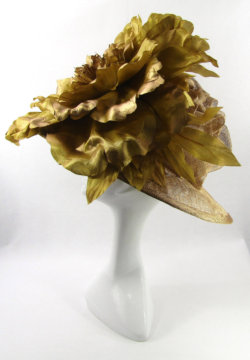 Bespoke Large Gold Flower Sinamay Ruched Crown Hat