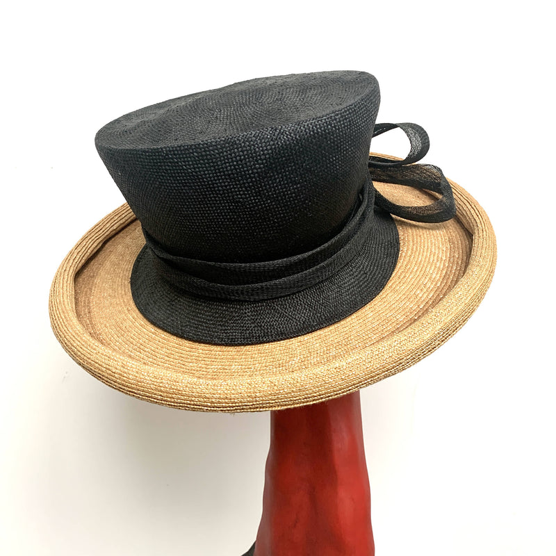 Beautiful Vintage Philip Treacy wide brim black and cream Fedora straw hat