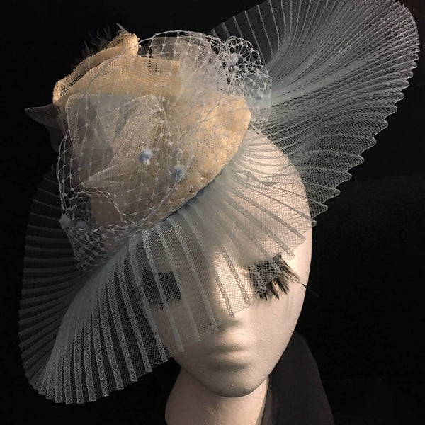 Pale Blue hat-like Fascinator with elegant pleated brim: Easter, Wedding, Raceday, Ascot "CRYSTAL BLUE ENCHANTMENT"