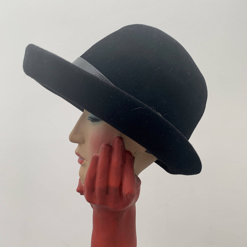 classic Vintage black felt satin ribbon decorated cloche hat