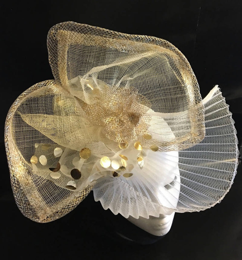 Gold + White elegant, flattering fascinator. Mother of the bride, wedding, Easter, Royal Ascot, Race Hat, Winner's Circle "GLORIA"