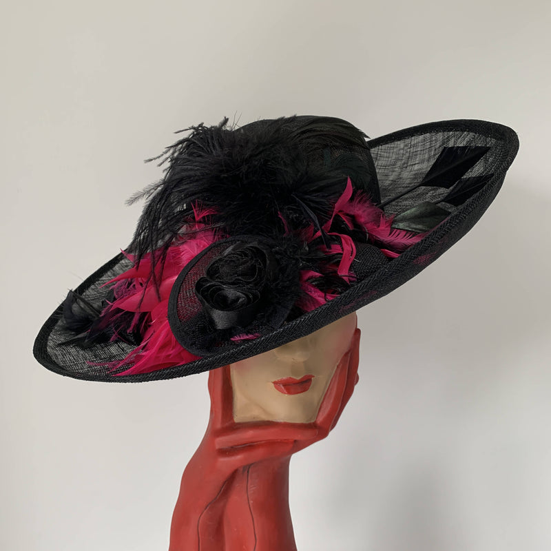 Vintage black Top hats with pink feathers, Hats so fab by Stephen jones made in England