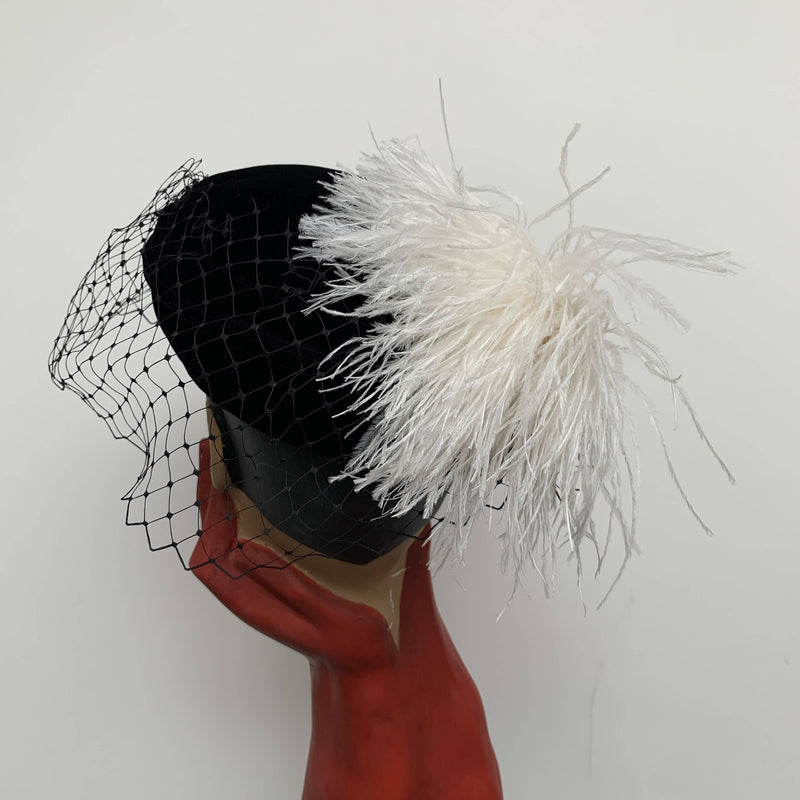 Vintage black velvet pillbox hat with net veils white feathers made in UK