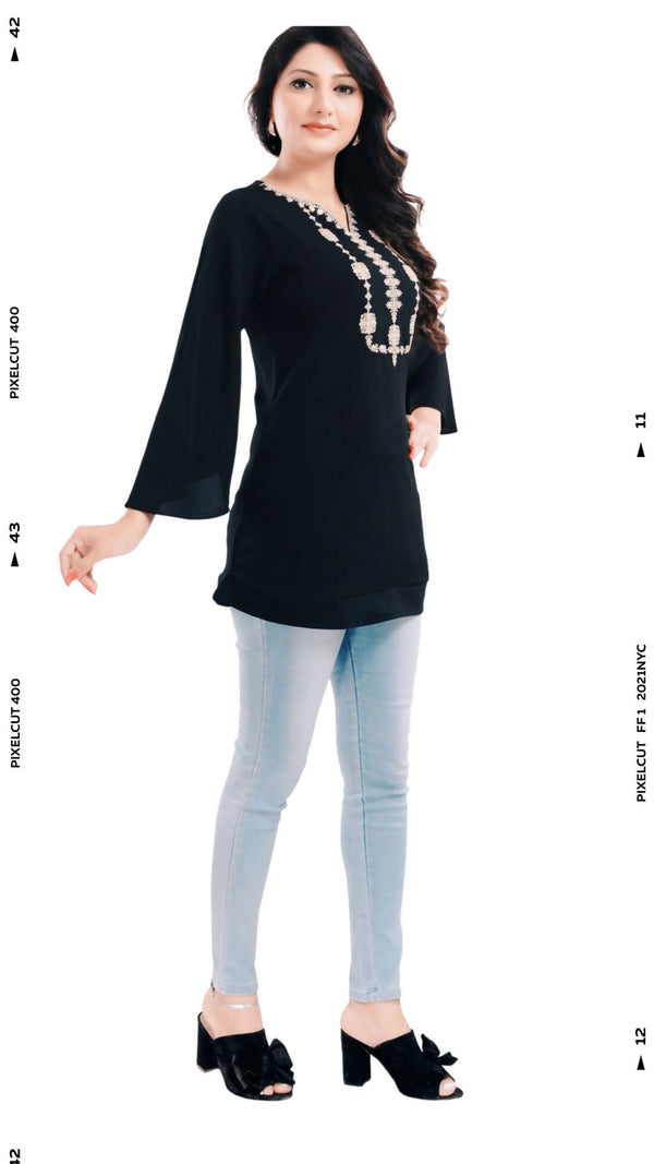 BD-438- Beautiful Embroidered black crepe fabric tunic top