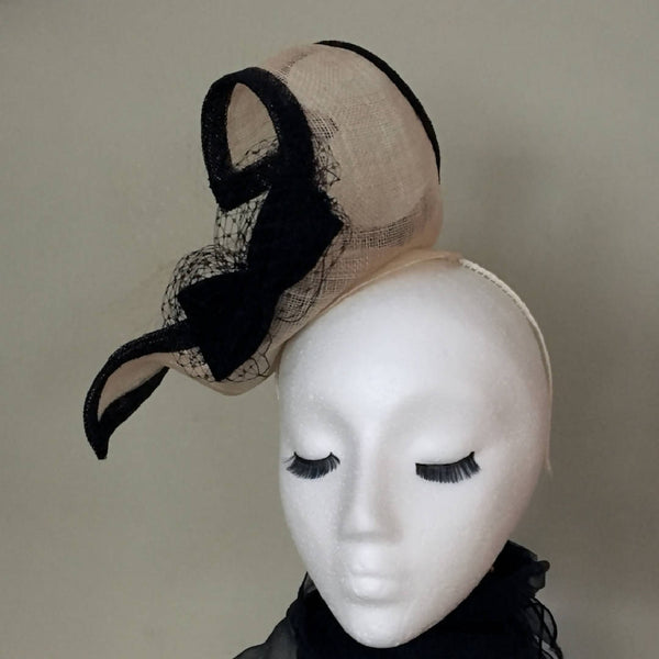 natural/wheat + black curvy fascinator with bows, veiling. Race day hat, Mother of the bride, Easter, Ascot, Derby. "Mary"