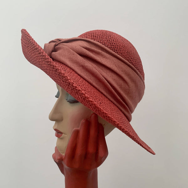 Vintage Red straw fedora hat with silk trimming by First Avenue