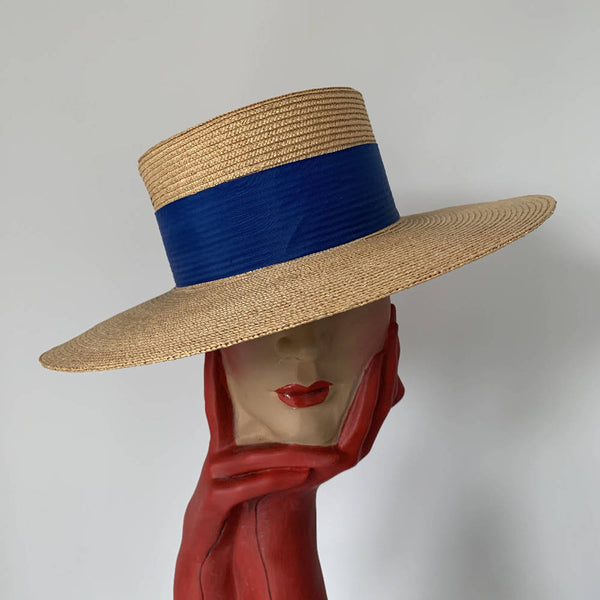 Vintage oversized boater straw hat with blue starp made in Venice, Italy
