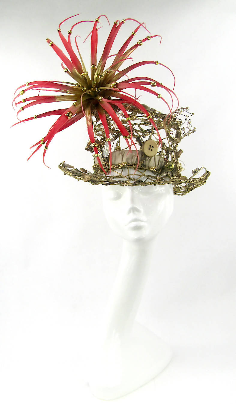 Gold Wired Top Hat With Exotic Flower