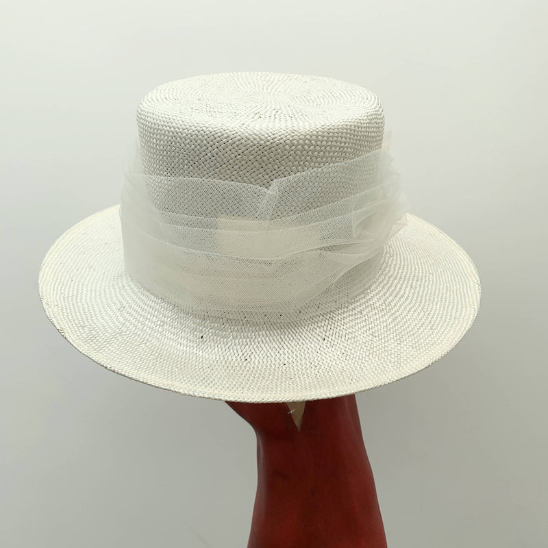 Vintage beige white straw boater hat with decorate flower by Selfridges & Co made in Italy