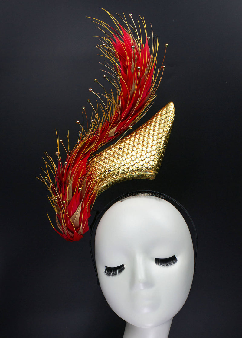 "Flaming" Red and Gold Feather Floating Headpiece