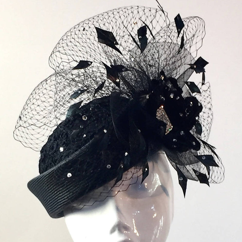 Black Parisisal Pillbox Hat with Diamanté Veiling
