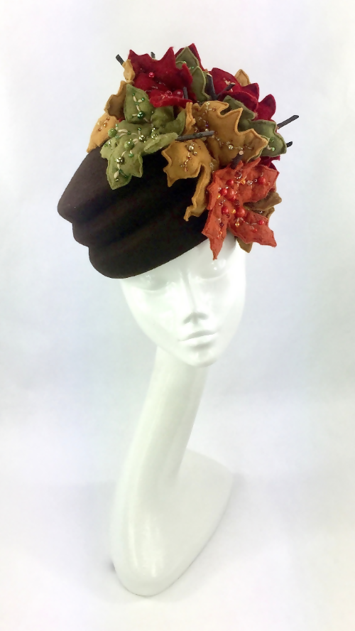 Bespoke Brown Wool Felt Hat with Autumnal Beaded Leaves
