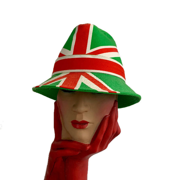 New Philip Treacy London cotton Italian Union Jack green flag print trilby hat