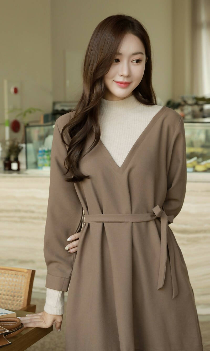 High-quality color matching half polar dress + belt SET