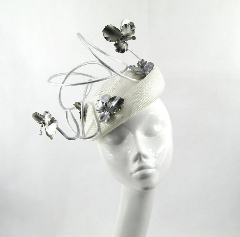 White & Silver Metal Swirl Pillbox Hat