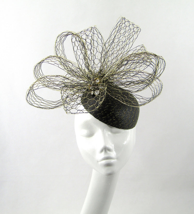 Black and Gold Pillbox Wired Hat