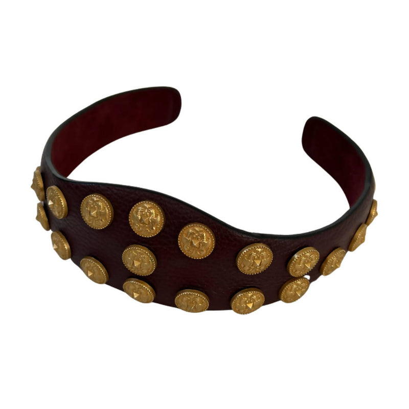 Vintage VALENTINO Archive Burgandy with Gold Logo Studs Wide Leather Headband Alice Hair Accessory Made in Italy