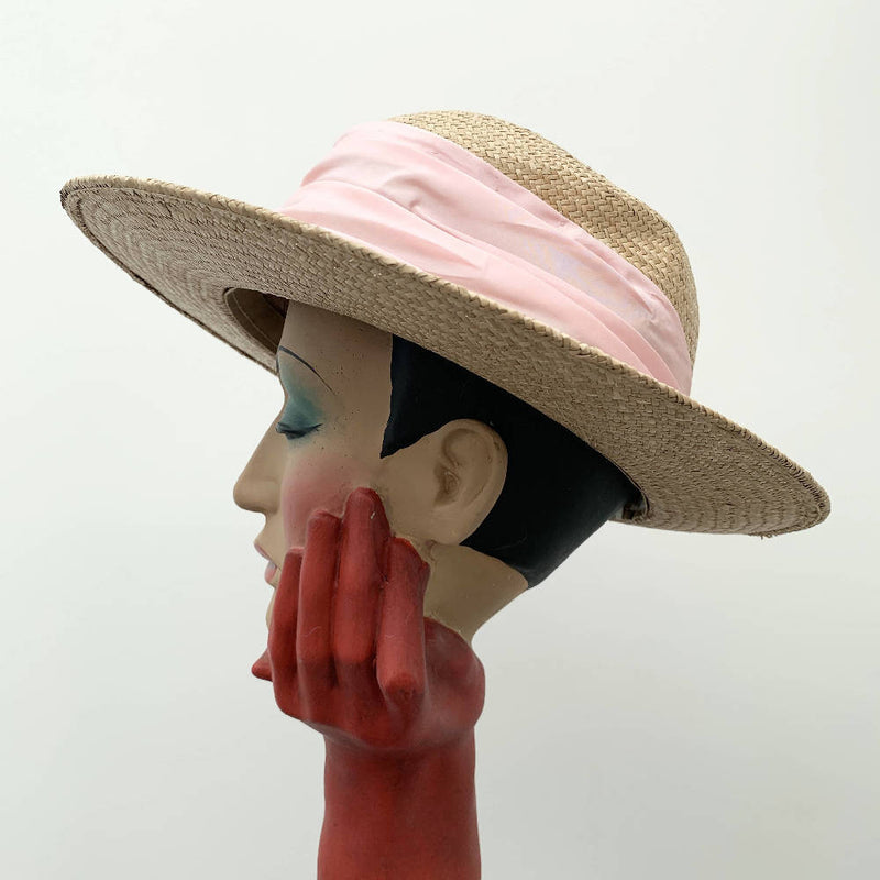 Just Natural brim hat with pink ribbon detail by Viv Knowland made in England