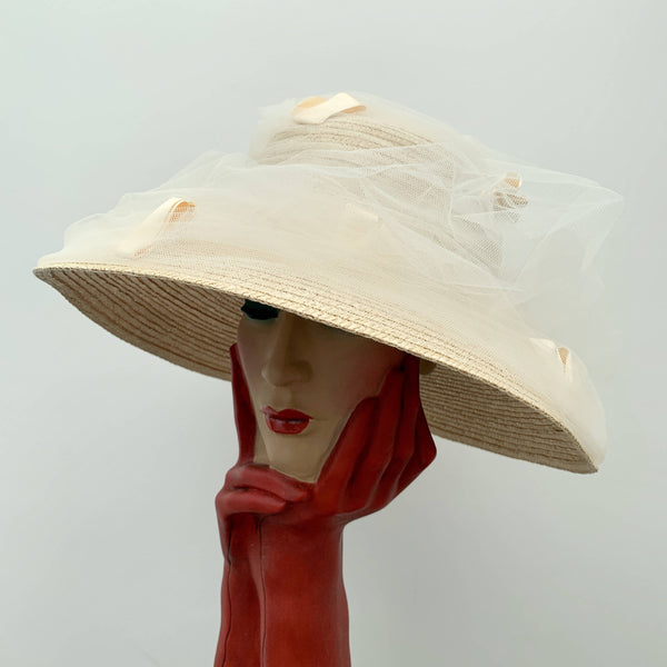 Vintage ladies straw hat with decorative lace by Fred Bare headwear made in England