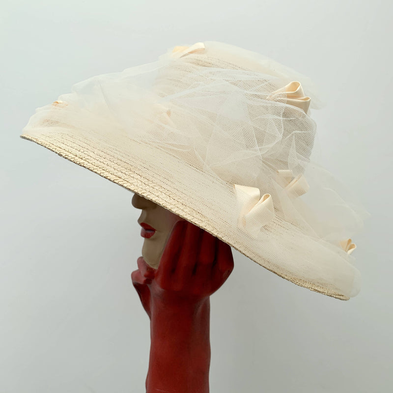 Vintage ladies beige straw hat with decorative lace by Fred Bare headwear made in England