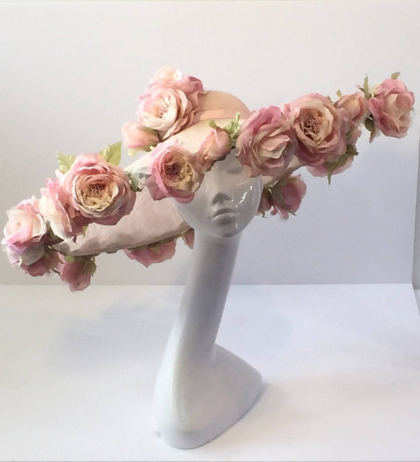 Blush Pink Sinamay Wide Brimmed Rose Picture Hat