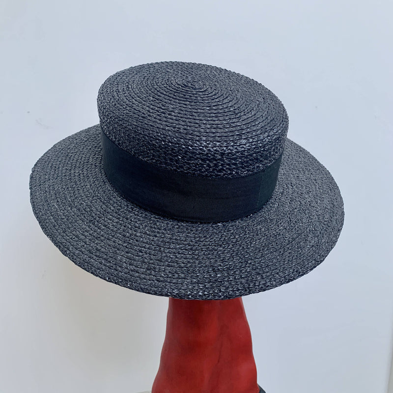 Rare Chanel iconic runway vintage statement chic summer straw boater hat in navy black