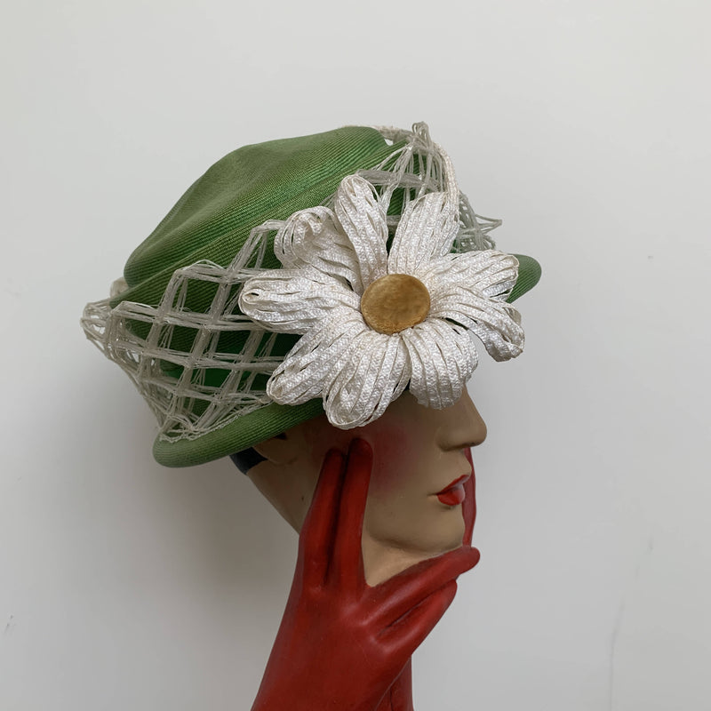 Vintage couture green daisy flower straw hat by Christian Dior