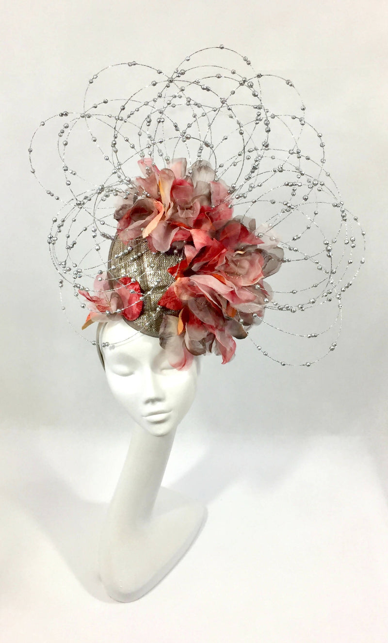 Grey and Silver Sinamay Headpiece with Silk and Velvet Roses