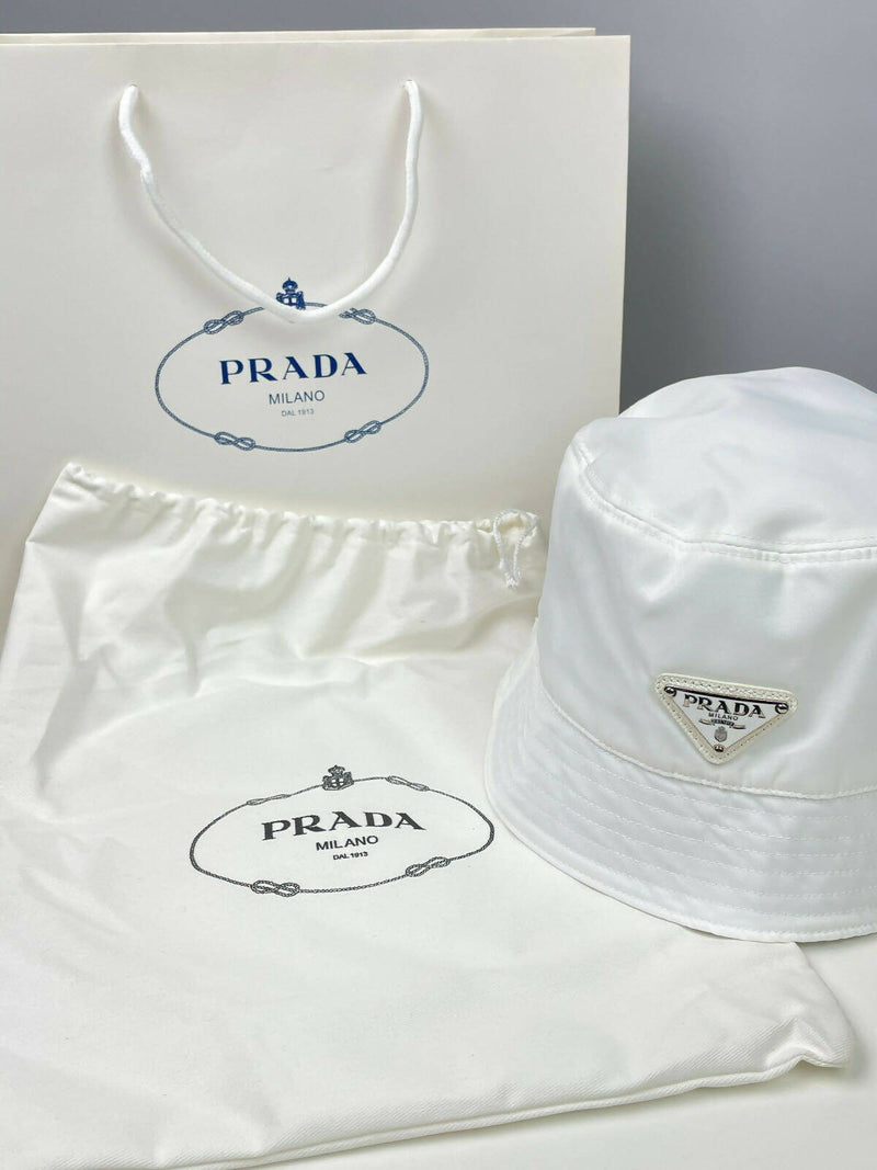 Prada Nylon Technical Bucket Hat Logo White One Size Unisex