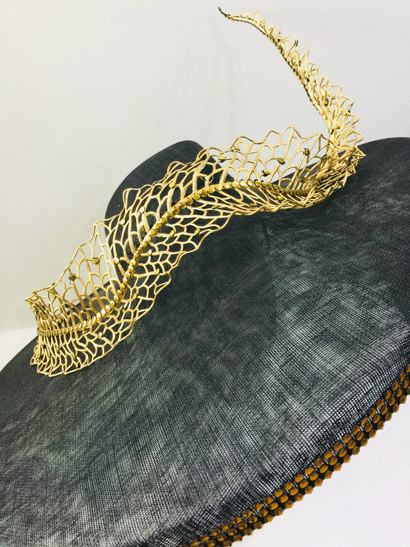 Black Large Down Brim Hat with Gold Wired Leaf