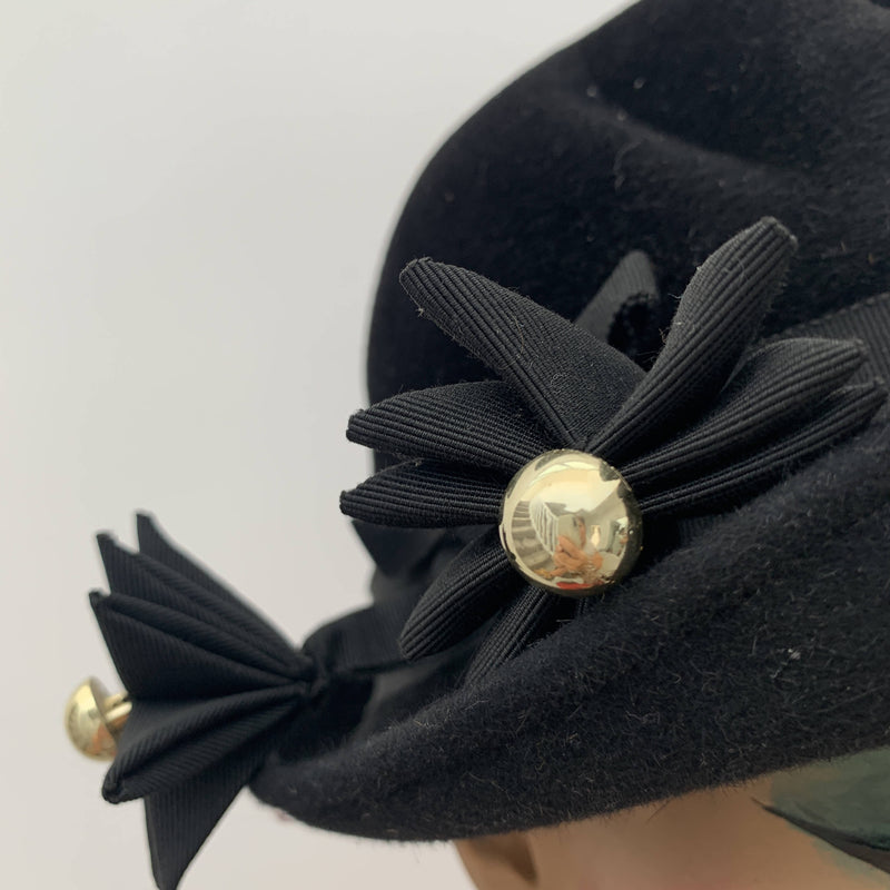 Vintage black and gold cloche decorated hat by Bermona