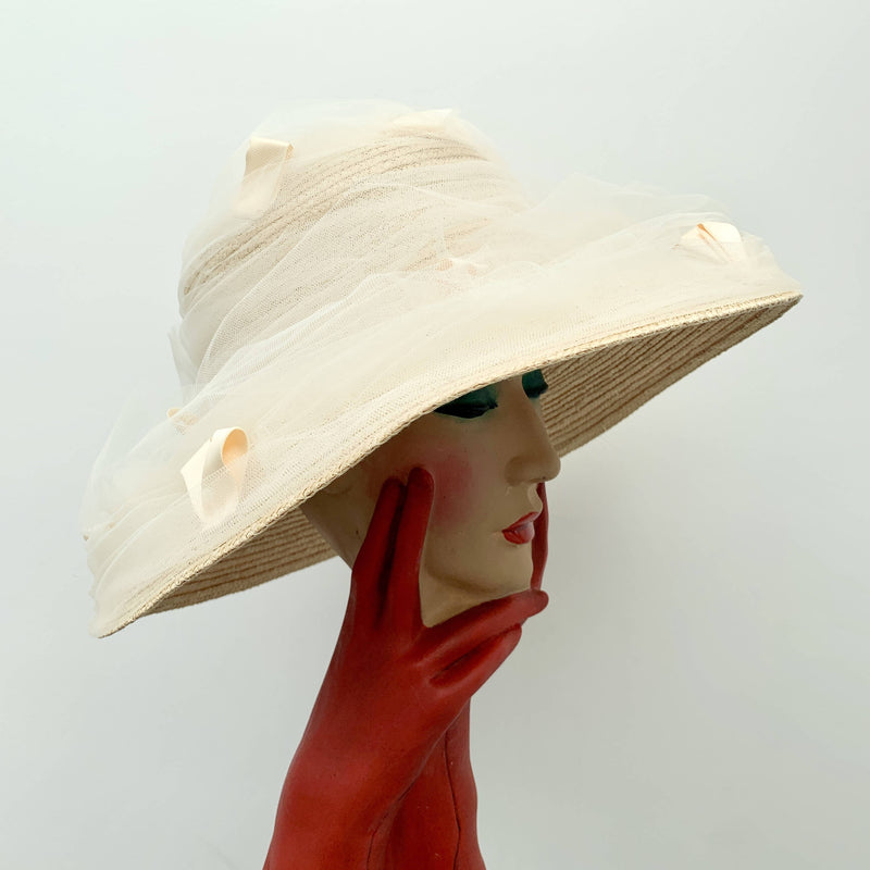 Vintage ladies beige straw hat with decorative lace by Fred Bare headwear made in England