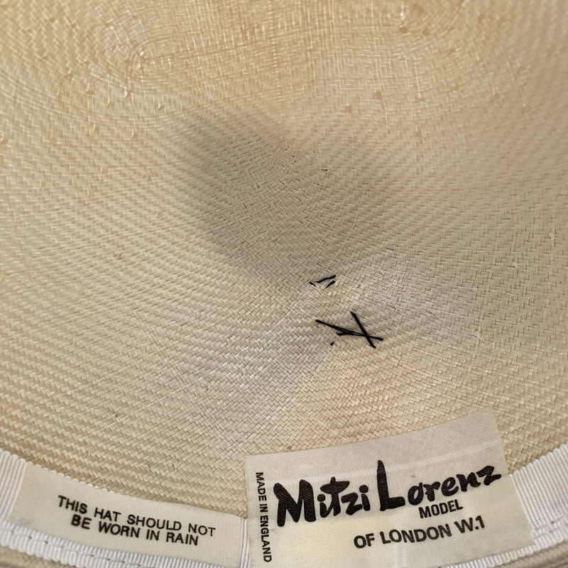 Vintage ladies fashion black & white straw hat with flower patterned design by Mitzi Lorenz made in England