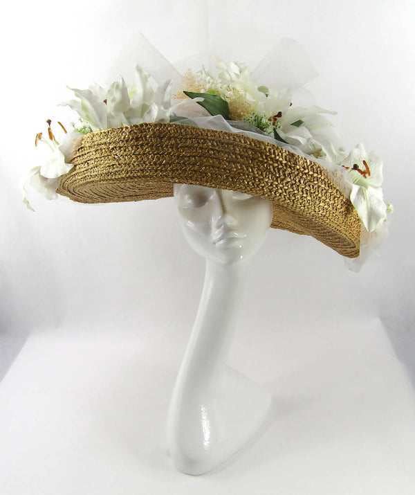 Large Raffia Sewn Straw Hat with Lilies and Tulle