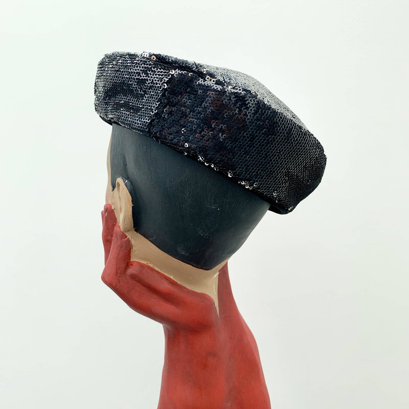 Vintage black sequinned beret hat by Stephen Jones (Miss Jones) made in England
