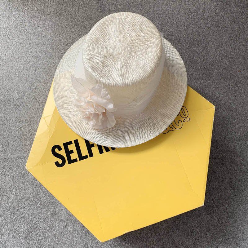 Vintage beige white straw boater hat with decorate flower by Selfridges & Co made in Italy
