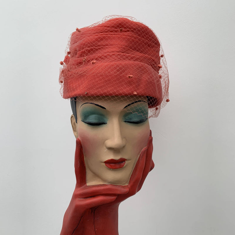 Vintage laced and net veil red cocktail hat