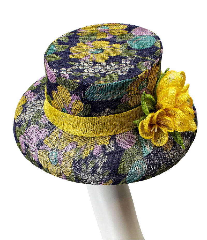 Sinamay Hat "Audrey" in Navy & Gold Floral Print